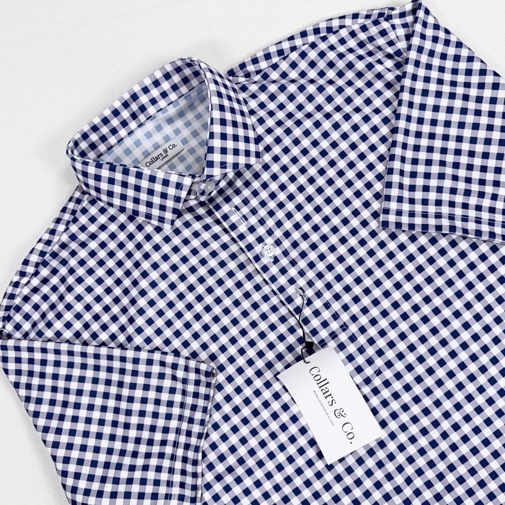 Collars & Co Men's Gingham Semi Spread Collar Polo Shirt Large Navy White